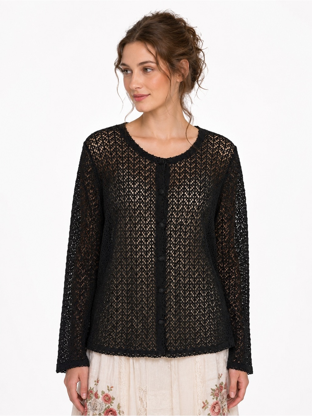 Vintage April Cornell Open Knit Crochet Cardigan Black Boho Cottagecore Medium